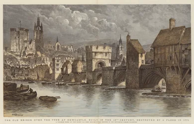 Die alte Brücke über den Tyne in Newcastle, erbaut im 13. Jahrhundert, durch eine Flut 1771 zerstört